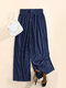Solid Color Ribbed Elastic Waist Wide Leg Lounge Pants For Women - Blue