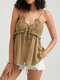 Adjustable Strap Open Back Solid Lace Button Tie Cami - Coffee