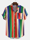 Mens Cool Rainbow Striped Patch Pocket Short Sleeve Shirts - As Picture