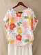 Colorful Floral Print Short Sleeve O-neck T-shirt For Women - White