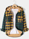 Mens Plaid Patchwork Double Pockets Plus Velvet Casual Button Drawstring Hooded Jacket - Yellow