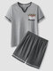 Men Pure Cotton Letter Print Short Sleeve Pajamas Sets With Contrast Lining - Gray