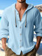 Camisas masculinas sólidas com botões e manga comprida com capuz e cordão - azul