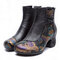 Women Retro Handmade Genuine Leather Flower Chunky Heel Boots - Black
