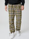 Mens Plaid Pocket Design 100% Cotton Drawstring Waist Casual Pants - Green