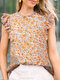 Women Ditsy Floral Print Frill Neck Ruffle Sleeve Blouse - Yellow