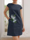 ポケット付き女性花柄刺繍クルーネックコットンドレス - 濃紺