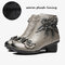 SOCOFY Retro Genuine Leather Stitching Solid Color Handmade Flowers Soft Low Heel Short Boots - Grey1