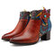 SOCOFY Cowgirl Couro Genuíno Botas de costura Jacquard feitas à mão com zíper e tornozelo confortáveis - Laranja vermelho