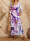 Flower Print Long Sleeve Button Pocket O-neck Maxi Dress - Purple