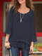 Women Lace Patchwork Crew Neck Casual 3/4 Sleeve Blouse - Dark Blue