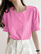 Solid Short Sleeve Wavy Neckline Blouse For Women - Pink