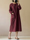 Vintge Split Hem Big Pockets Cotton Plus Size Solid Dress - Red
