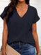 Women Solid Seam Detail V-Neck Casual Short Sleeve Blouse - Dark Blue