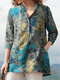 Vintage Tree Print Button Pocket Long Sleeve Stand Collar Blouse - Blue