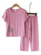 Women Flowers Print Loungewear Short Sleeve Floral Loose Breathable O-Neck Summer Pajamas - Pink