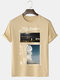 Mens Slogan Photo Printed Crew Neck Cotton Short Sleeve T-Shirts - Khaki