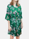 Plus Size Women Faux Silk Smooth Flower Printed Half Sleeves Robes Sleepwear With Belt - Green