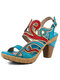 SOCOFY Women's Leather Round Toe Platform Cutout Roman High Heel Sandals - Blue
