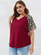 Leopard Print V-neck Raglan Sleeve Plus Size T-shirt for Women - Red