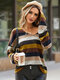 Multicolor Striped V-neck Long Sleeve Casual T-shirt For Women - Yellow
