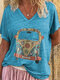 Casual Cartoon Bus Printed V-neck Short Sleeve Summer T-shirt - Blue