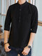 Hombre sólido medio botón 100% algodón 3/4 manga henley Camisa - Negro
