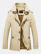Mens Cotton Thick Plush Lined Button Front Lapel Warm Overcoats With Pocket - Khaki