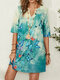 Tie-dyed Butterflies Print Half Sleeve Dress For Women - Blue