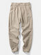 Mens 100% Cotton Pure Color Casual Plain Elastic Waist Pants - Khaki