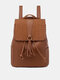 Women Faux Leather Fashion Tassel Large Capacity Solid Color Backpack - Brown