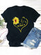 Sunflower Cat Print Short Sleeve Causal T-shirt For Women - Black