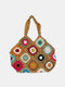 JOSEKO Women Plush Handmade Crochet Ethnic Mixed Floral Pattern Shoulder Bag Multifunctional Tote Bag - Coffee