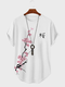 Mens Japanese Cherry Blossoms Print Crew Neck Curved Hem Short Sleeve T-Shirts - White