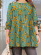 Floral Print Long Sleeve Crew Neck Blouse For Women - Green