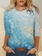 Print O-neck Long Sleeve Plus Size Casual Contton T-shirt for Women - Blue