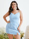 Plus Size Calico Backless Design Slit Hem Spaghetti Strap Dress - Blue