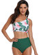 Tropical Floral High Waist Single Strap Sexy Bikinis Swimsuits For Women - Green