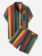 Men Thin & Breathable Cotton Outfits Sets Colorful Stripe Holiday Short Sleeve Two Pieces - Green