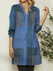 Contrast Color Plaid Print Long Sleeve Casuak Shirt For Women - Blue