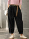 Solid Color Pocket Elastic Waist Long Casual Pants for Women - Black