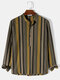 Camisas henley de manga larga de algodón con medio botón de rayas verticales para hombre - marrón