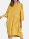 Solid Color O-neck 3/4 Sleeves Loose Dress With Pockets - Yellow