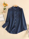 Lace Panel Button Front Long Sleeve Stand Collar Blouse - Navy