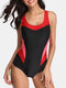 Women Color Block Patchwork Wireless Wide Strap Skinny Fit One Piece Swimwear - Red