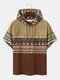 Mens Ethnic Geo Pattern Faux Suede Patchwork Short Sleeve Hooded T-Shirts - Apricot
