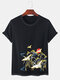 Mens Chinese Style Crane Printed Round Neck Short Sleeve T-shirt - Black