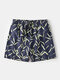 Leaves Printed Beach Mesh Lining Quick Drying Drawstring Board Shorts With Pocket - Black