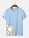 Mens Cartoon Cat Japanese Print Crew Neck Short Sleeve T-Shirts - Light Blue