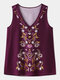 Women Tribal Floral Print V-neck Sleeveless Chiffon Tank Top - Purple